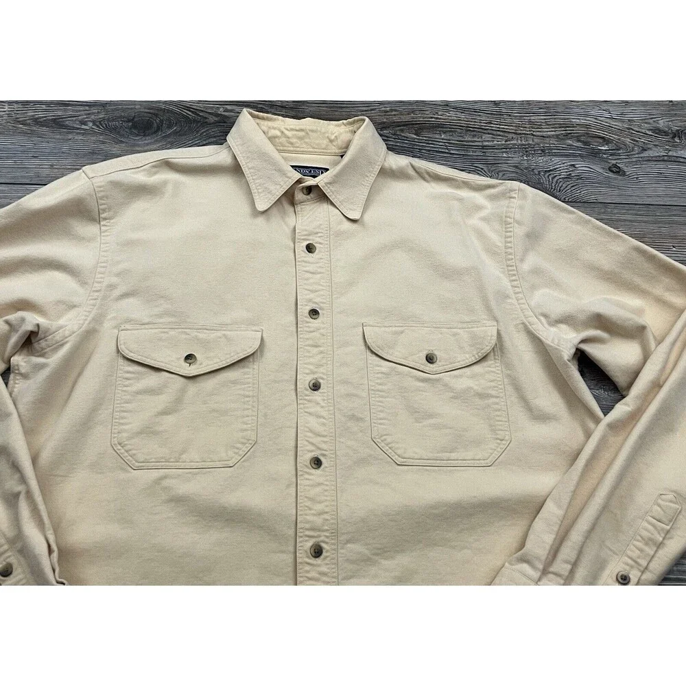 Vtg Lands End Mens LT Button Up Shirt Yellow Outdoor‎ Heavy Cotton Cabincore